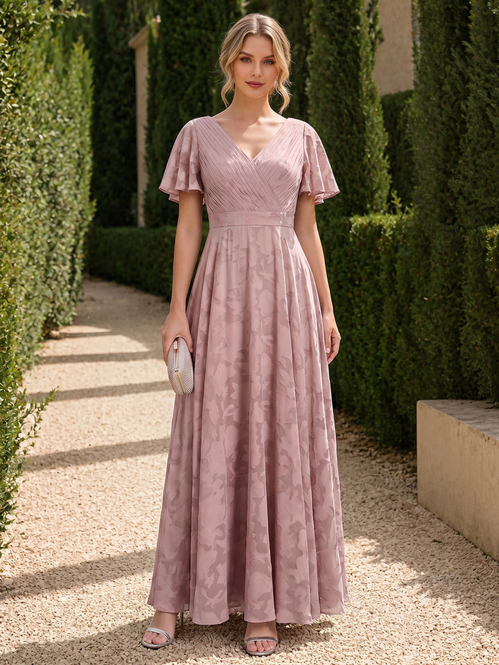 A-Line V-Neck Short Sleeves Floor-Length Bridesmaid Dresses with Pockets