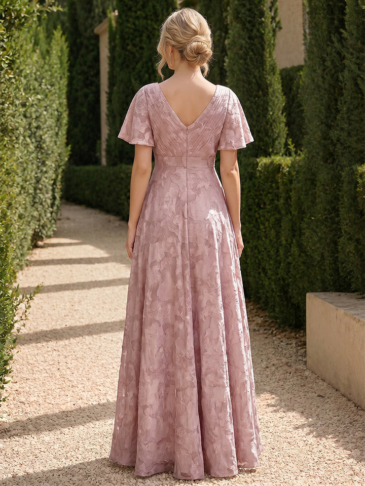 A-Line V-Neck Short Sleeves Floor-Length Bridesmaid Dresses with Pockets