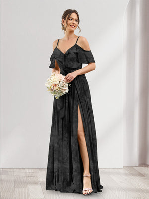 A-Line V-Neck Spaghetti Straps Floral Bridesmaid Dresses with Pockets