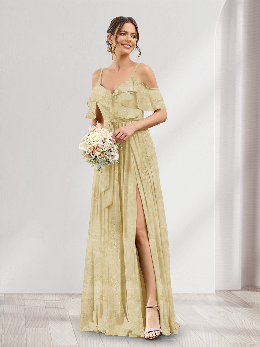 A-Line V-Neck Spaghetti Straps Floral Bridesmaid Dresses with Pockets