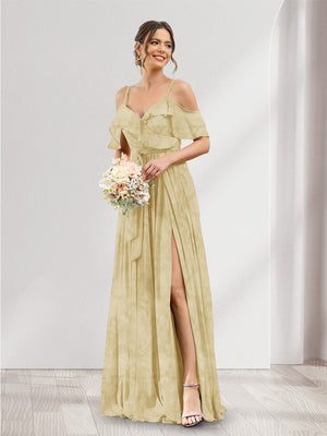 A-Line V-Neck Spaghetti Straps Floral Bridesmaid Dresses with Pockets