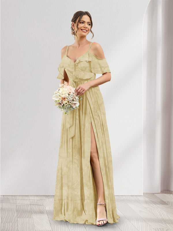 A-Line V-Neck Spaghetti Straps Floral Bridesmaid Dresses with Pockets