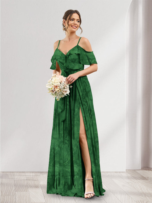 A-Line V-Neck Spaghetti Straps Floral Bridesmaid Dresses with Pockets