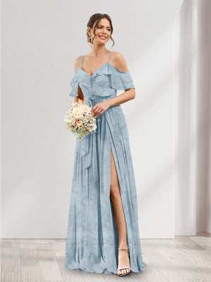A-Line V-Neck Spaghetti Straps Floral Bridesmaid Dresses with Pockets