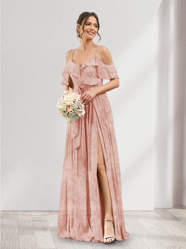 A-Line V-Neck Spaghetti Straps Floral Bridesmaid Dresses with Pockets