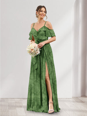 A-Line V-Neck Spaghetti Straps Floral Bridesmaid Dresses with Pockets