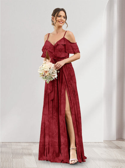 A-Line V-Neck Spaghetti Straps Floral Bridesmaid Dresses with Pockets