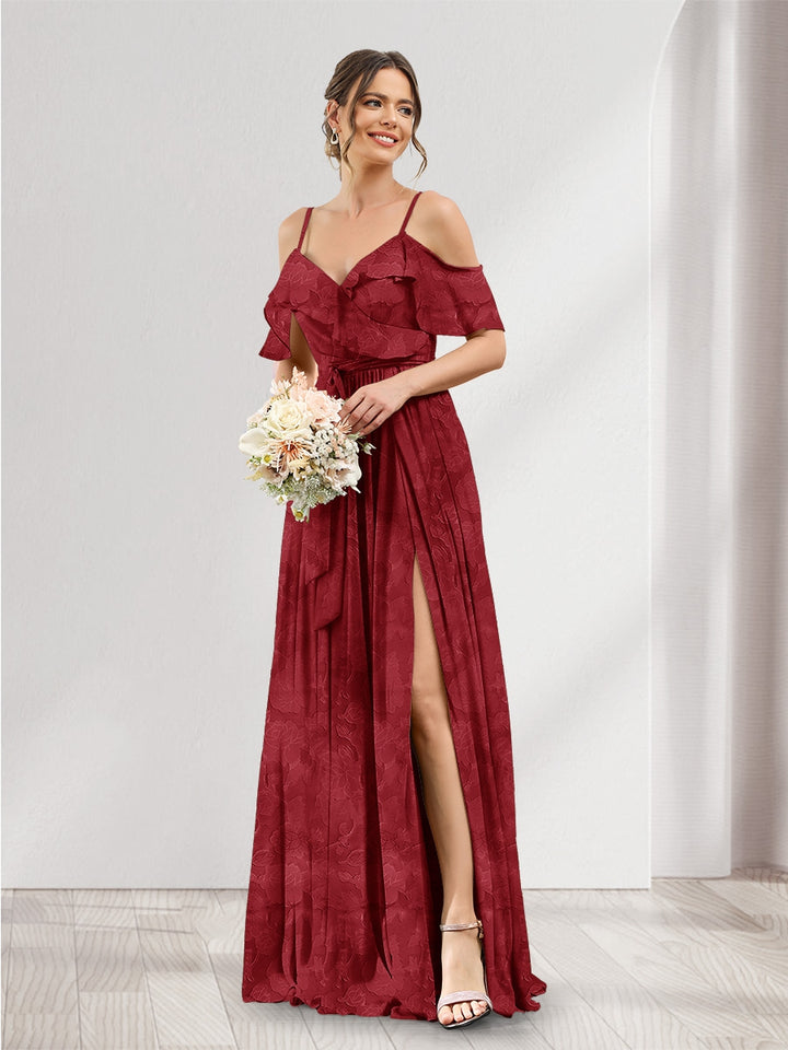 A-Line V-Neck Spaghetti Straps Floral Bridesmaid Dresses with Pockets