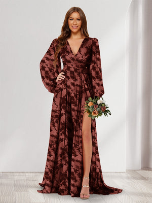 A-Line/Princess V-Neck Long Sleeves Floor Length Bridesmaid Dresses with Split Side