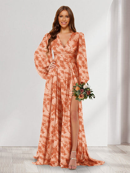A-Line/Princess V-Neck Long Sleeves Floor Length Bridesmaid Dresses with Split Side