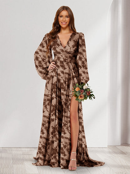 A-Line/Princess V-Neck Long Sleeves Floor Length Bridesmaid Dresses with Split Side