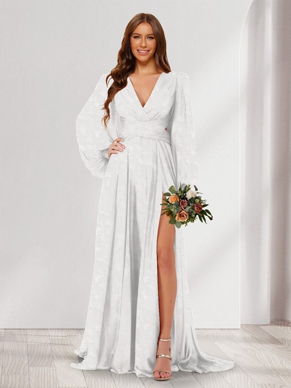 A-Line/Princess V-Neck Long Sleeves Floor Length Bridesmaid Dresses with Split Side