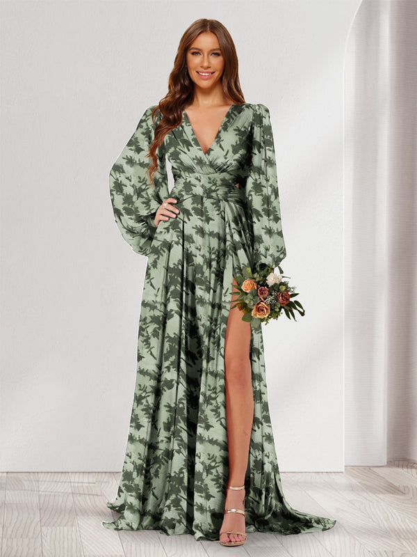 A-Line/Princess V-Neck Long Sleeves Floor Length Bridesmaid Dresses with Split Side