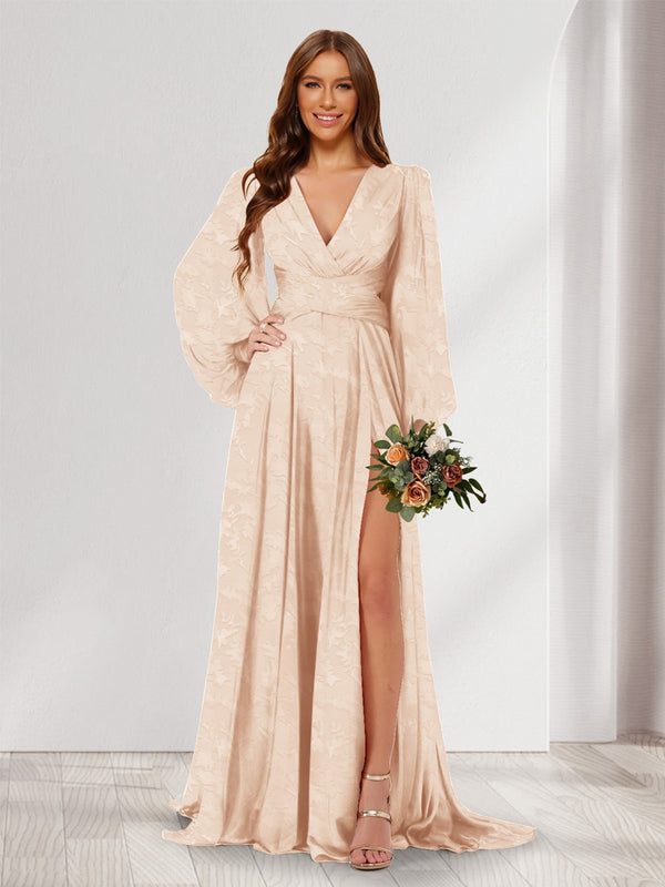 A-Line/Princess V-Neck Long Sleeves Floor Length Bridesmaid Dresses with Split Side