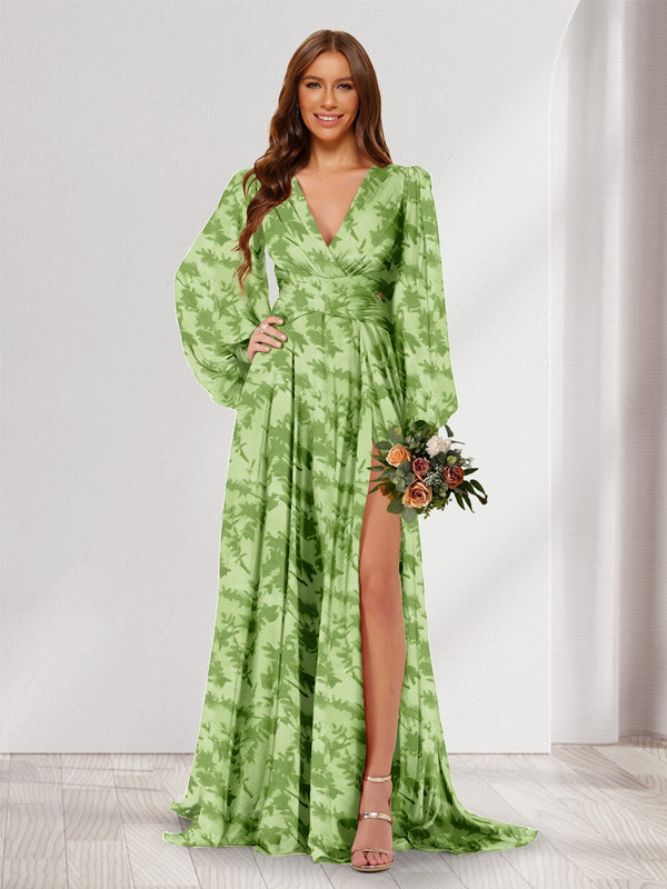 A-Line/Princess V-Neck Long Sleeves Floor Length Bridesmaid Dresses with Split Side