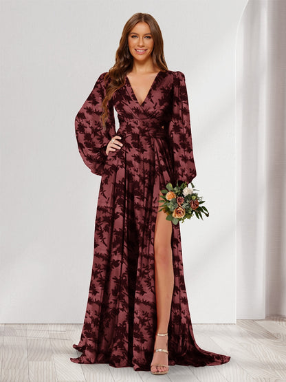 A-Line/Princess V-Neck Long Sleeves Floor Length Bridesmaid Dresses with Split Side