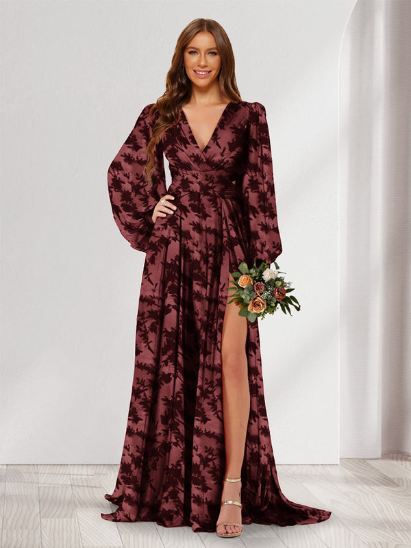 A-Line/Princess V-Neck Long Sleeves Floor Length Bridesmaid Dresses with Split Side