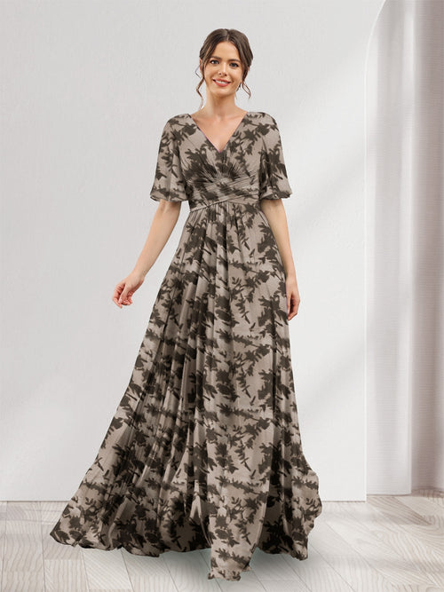 A-Line V-Neck Half Sleeves Floral Bridesmaid Dresses With Pockets & Split Side