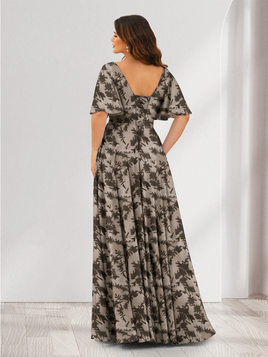 A-Line V-Neck Half Sleeves Floral Bridesmaid Dresses With Pockets &amp; Split Side