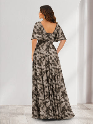 A-Line V-Neck Half Sleeves Floral Bridesmaid Dresses With Pockets & Split Side