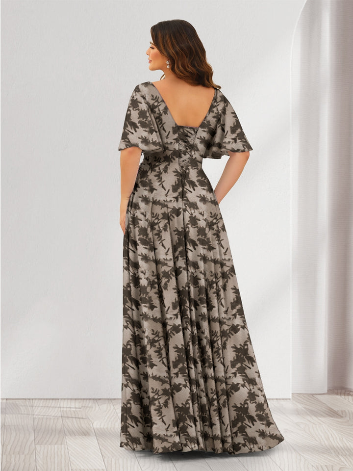A-Line V-Neck Half Sleeves Floral Bridesmaid Dresses With Pockets &amp; Split Side