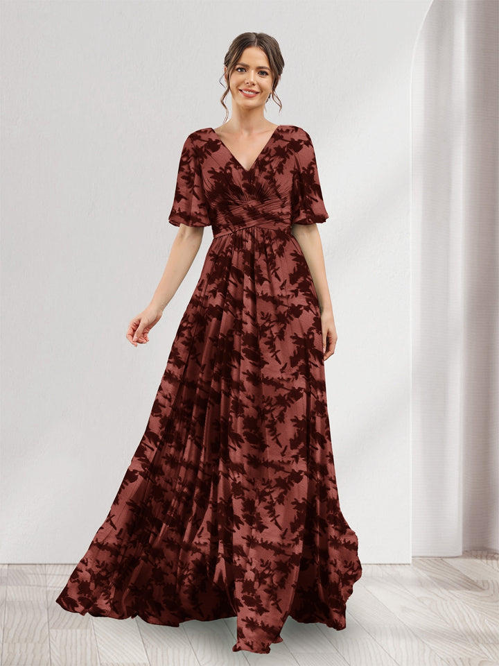 A-Line V-Neck Half Sleeves Floral Bridesmaid Dresses With Pockets &amp; Split Side