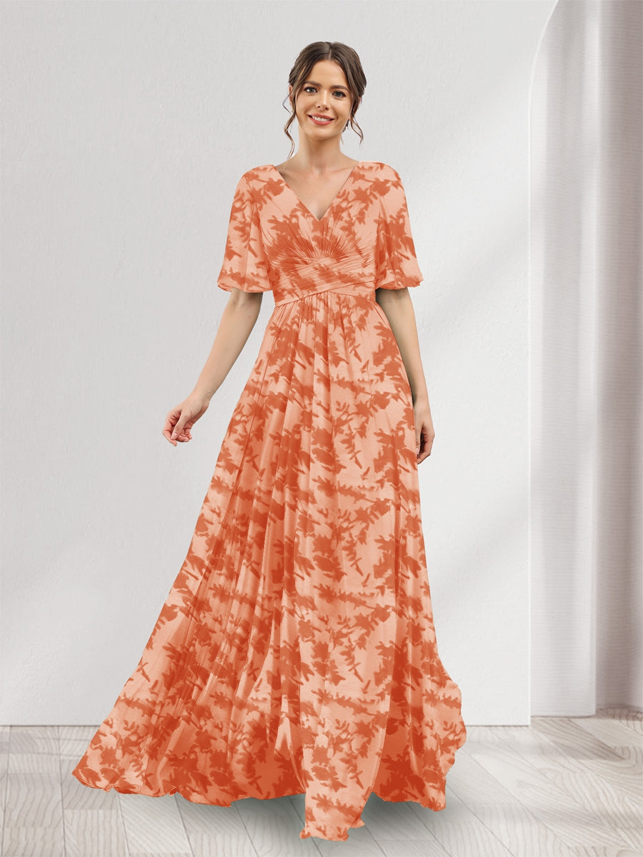 A-Line V-Neck Half Sleeves Floral Bridesmaid Dresses With Pockets &amp; Split Side