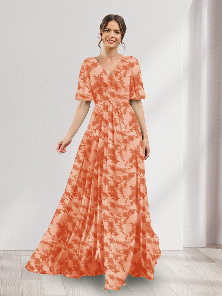 A-Line V-Neck Half Sleeves Floral Bridesmaid Dresses With Pockets &amp; Split Side