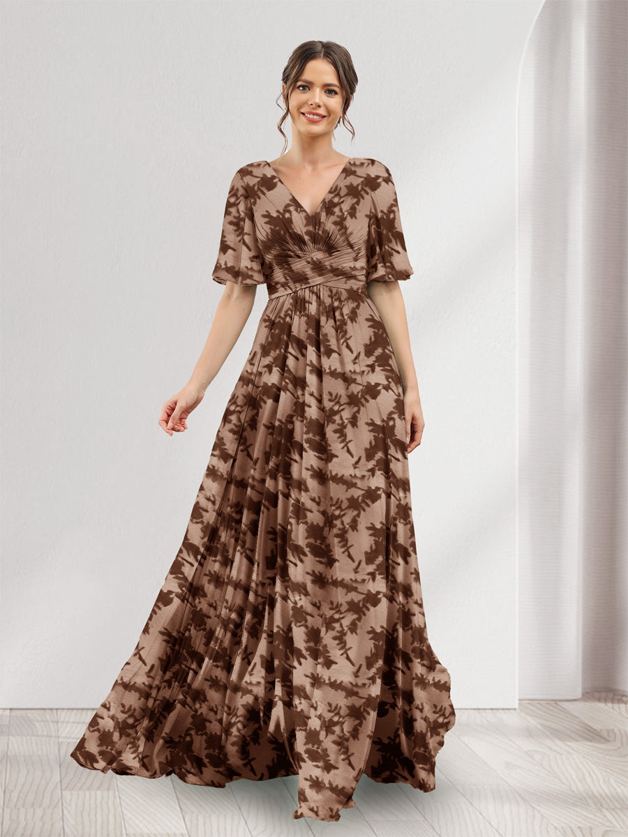 A-Line V-Neck Half Sleeves Floral Bridesmaid Dresses With Pockets & Split Side