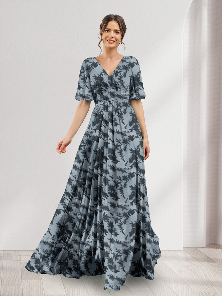 A-Line V-Neck Half Sleeves Floral Bridesmaid Dresses With Pockets &amp; Split Side