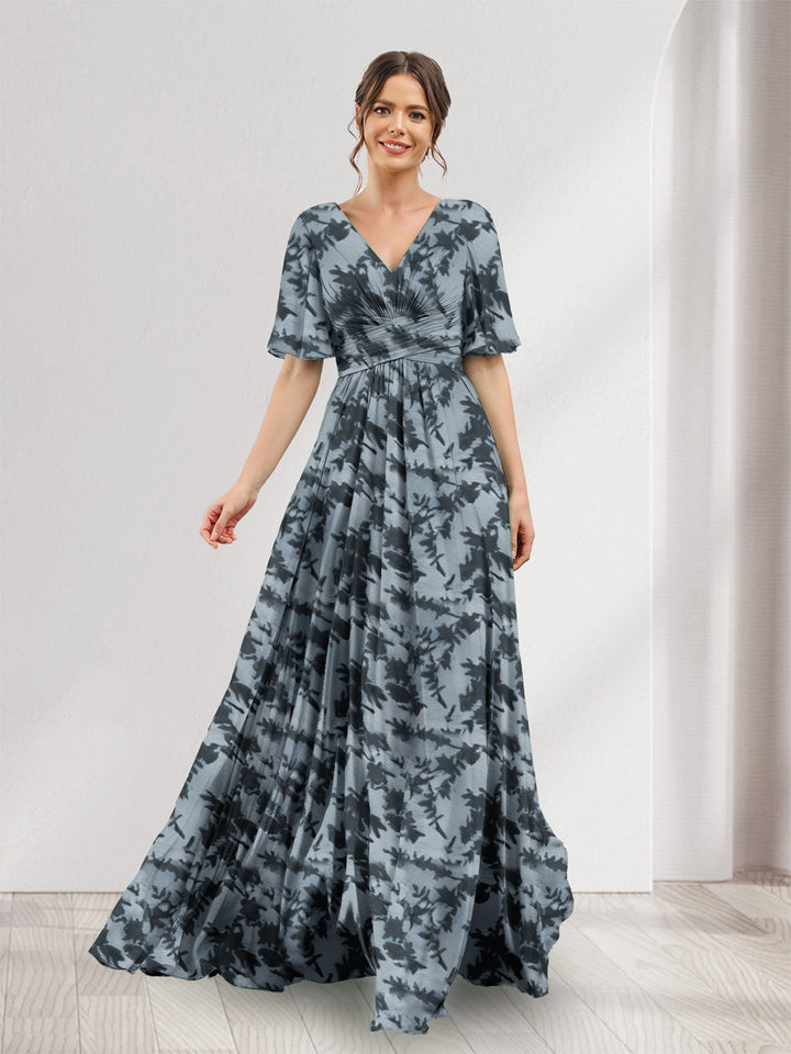 A-Line V-Neck Half Sleeves Floral Bridesmaid Dresses With Pockets &amp; Split Side