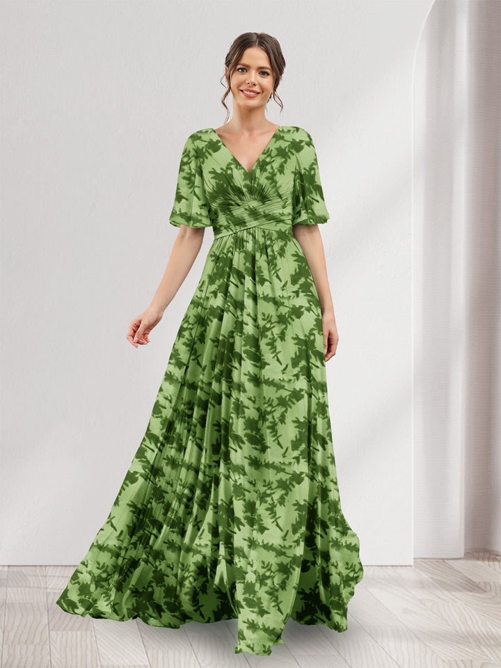 A-Line V-Neck Half Sleeves Floral Bridesmaid Dresses With Pockets &amp; Split Side