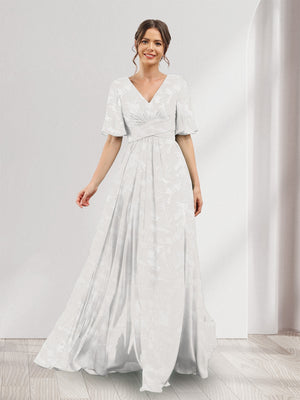 A-Line V-Neck Half Sleeves Floral Bridesmaid Dresses With Pockets & Split Side