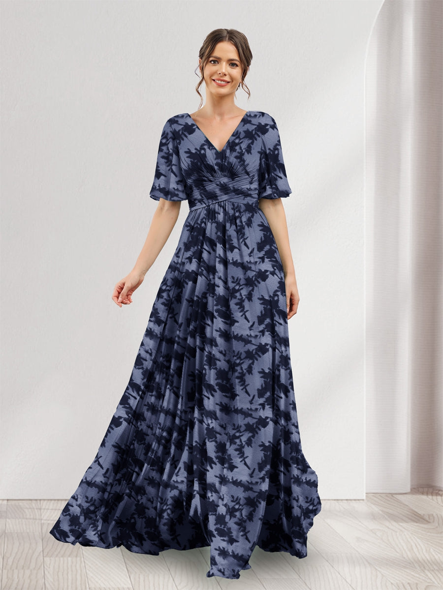 A-Line V-Neck Half Sleeves Floral Bridesmaid Dresses With Pockets &amp; Split Side