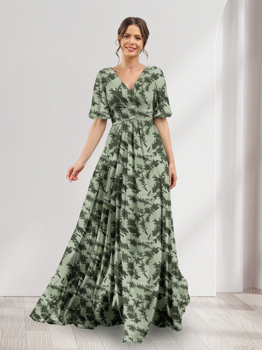 A-Line V-Neck Half Sleeves Floral Bridesmaid Dresses With Pockets & Split Side