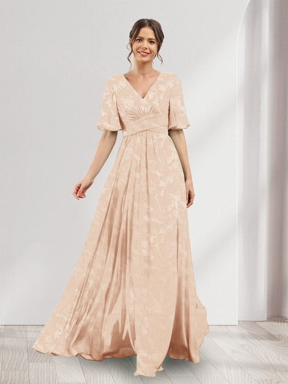 A-Line V-Neck Half Sleeves Floral Bridesmaid Dresses With Pockets & Split Side
