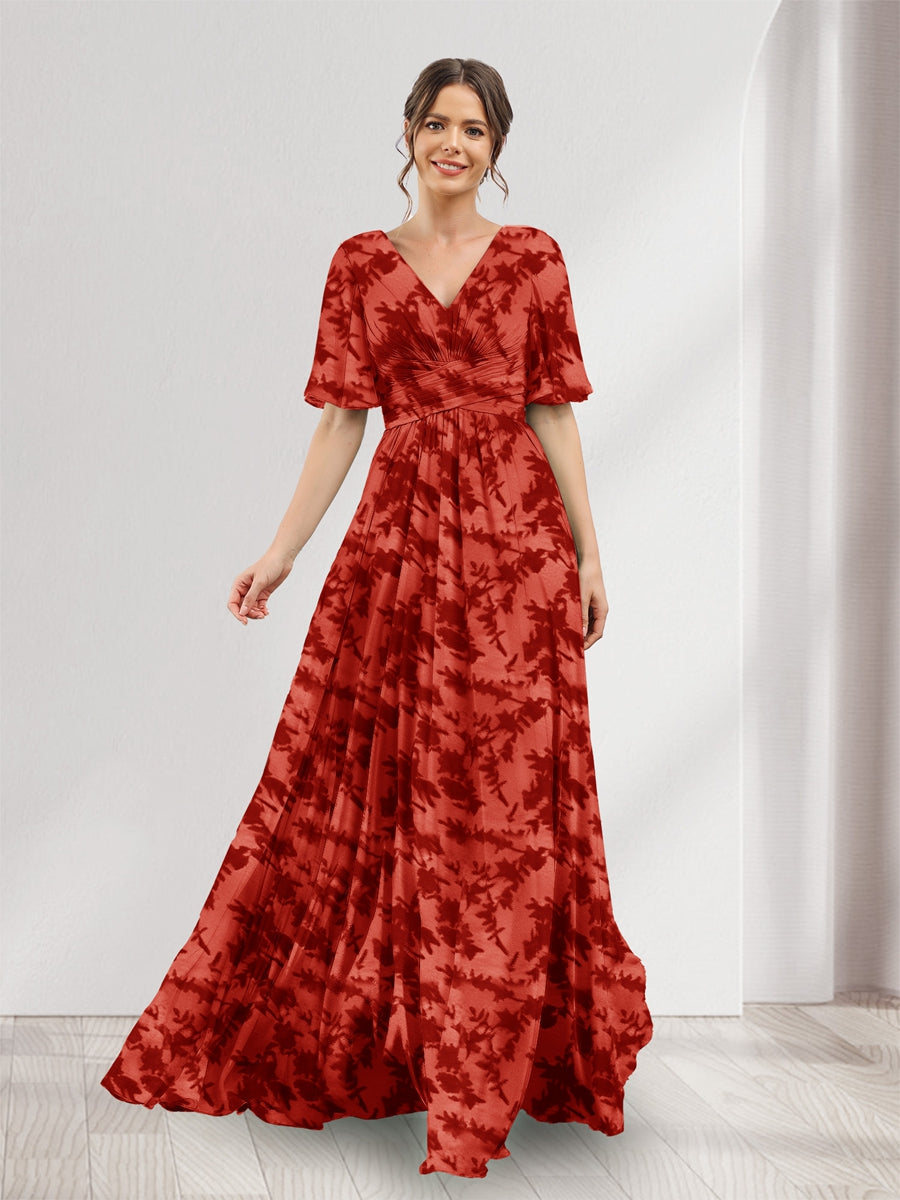 A-Line V-Neck Half Sleeves Floral Bridesmaid Dresses With Pockets &amp; Split Side