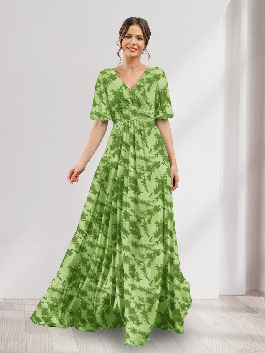 A-Line V-Neck Half Sleeves Floral Bridesmaid Dresses With Pockets &amp; Split Side