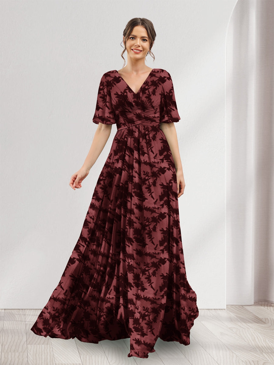 A-Line V-Neck Half Sleeves Floral Bridesmaid Dresses With Pockets &amp; Split Side