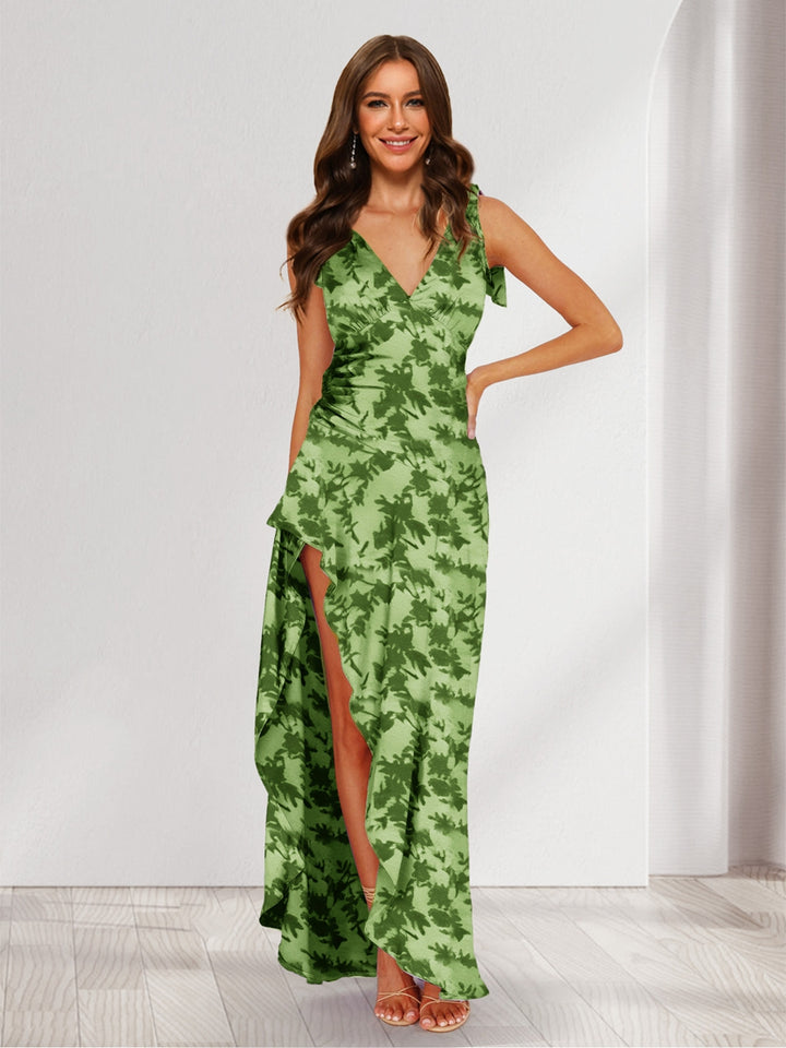 Trumpet/Mermaid V-Neck Asymmetrical Floral Wedding Guest Dresses with Bow &amp; Ruffles