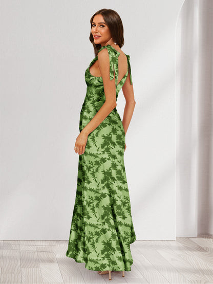 Trumpet/Mermaid V-Neck Asymmetrical Floral Wedding Guest Dresses with Bow & Ruffles