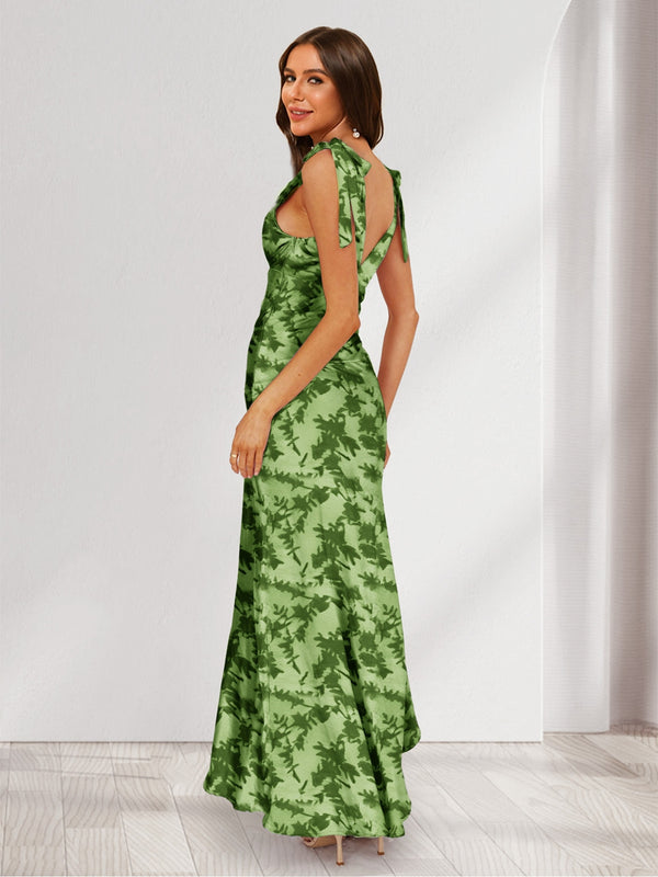 Trumpet/Mermaid V-Neck Asymmetrical Floral Wedding Guest Dresses with Bow & Ruffles