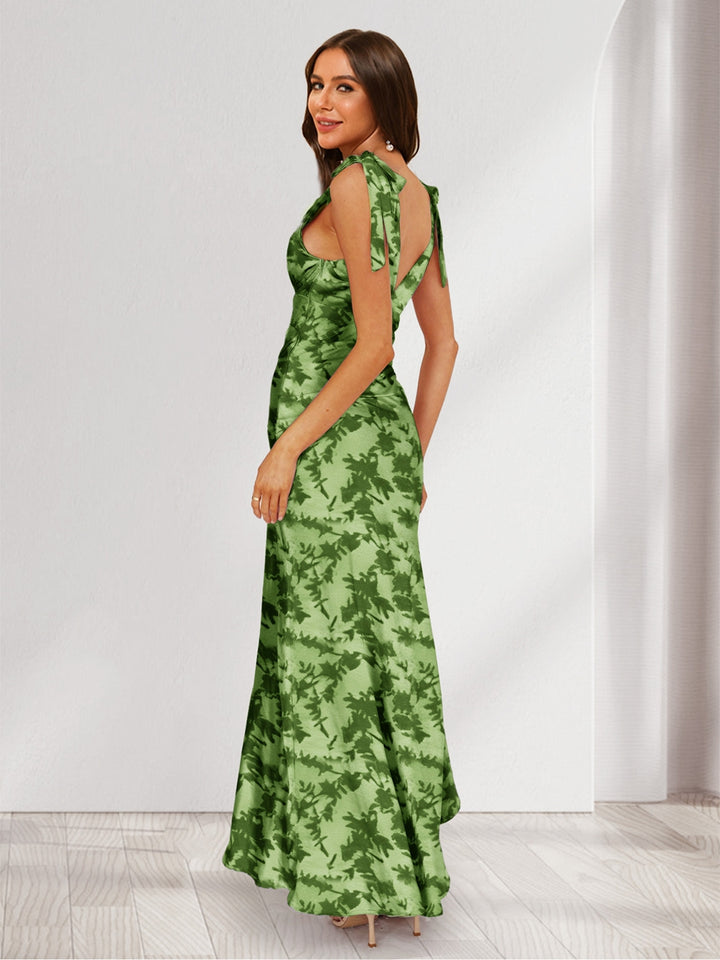 Trumpet/Mermaid V-Neck Asymmetrical Floral Wedding Guest Dresses with Bow &amp; Ruffles