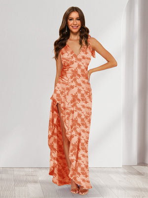 Trumpet/Mermaid V-Neck Asymmetrical Floral Wedding Guest Dresses with Bow & Ruffles