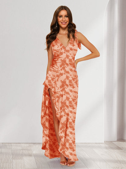 Trumpet/Mermaid V-Neck Asymmetrical Floral Wedding Guest Dresses with Bow & Ruffles