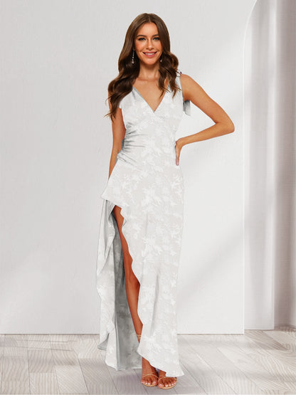 Trumpet/Mermaid V-Neck Asymmetrical Floral Wedding Guest Dresses with Bow & Ruffles