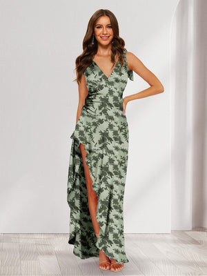 Trumpet/Mermaid V-Neck Asymmetrical Floral Wedding Guest Dresses with Bow & Ruffles