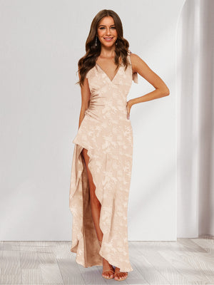 Trumpet/Mermaid V-Neck Asymmetrical Floral Wedding Guest Dresses with Bow & Ruffles