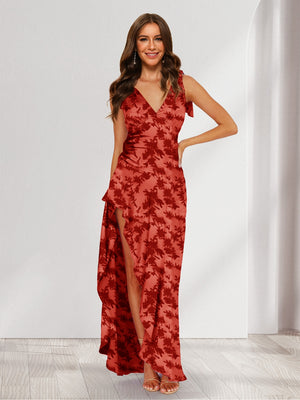 Trumpet/Mermaid V-Neck Asymmetrical Floral Wedding Guest Dresses with Bow & Ruffles