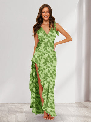 Trumpet/Mermaid V-Neck Asymmetrical Floral Wedding Guest Dresses with Bow & Ruffles